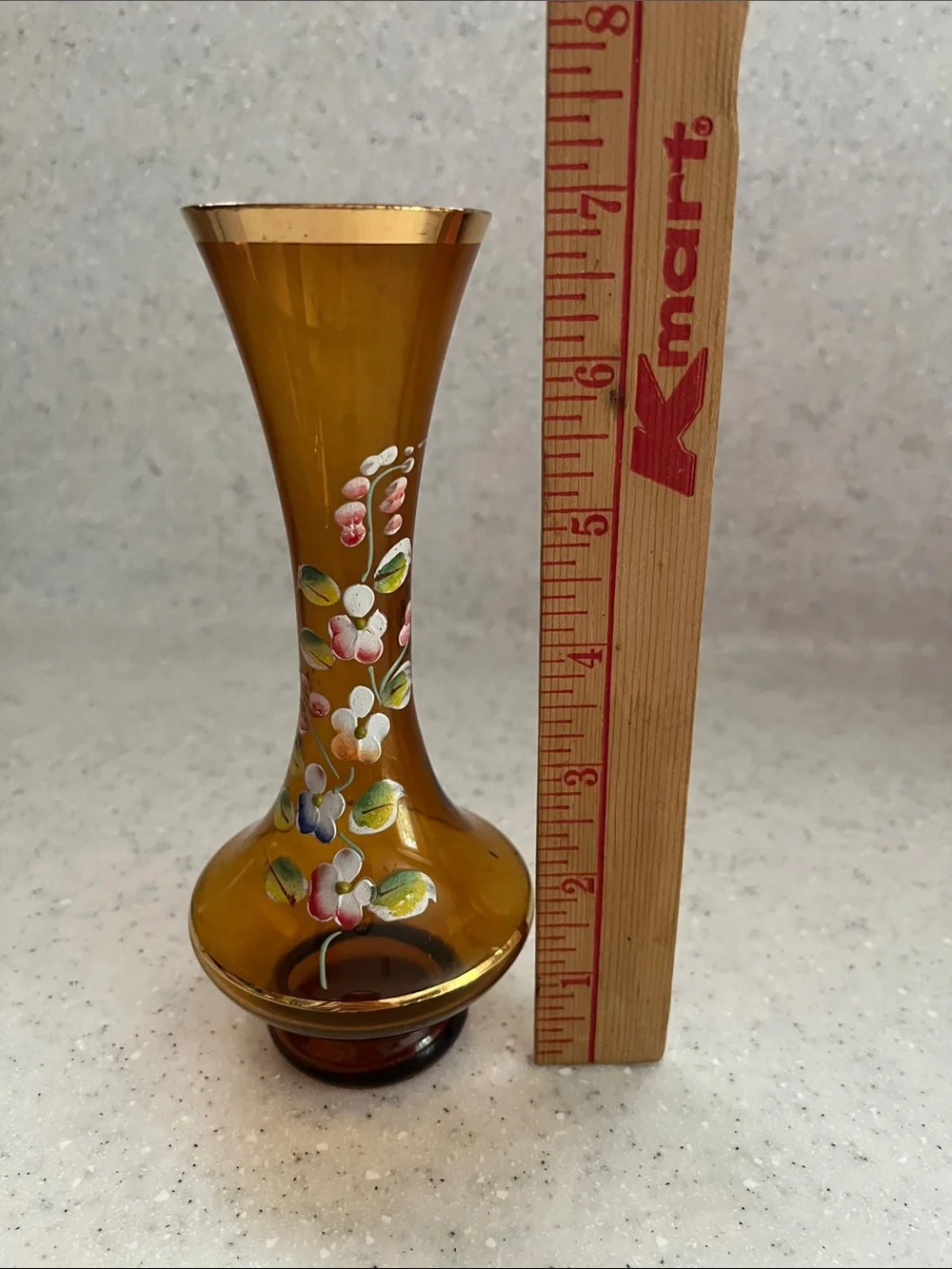 Vtg KREISS Corp Amber Hand Painted Bud Vase Gold Trim Original Sticker 7” Japan